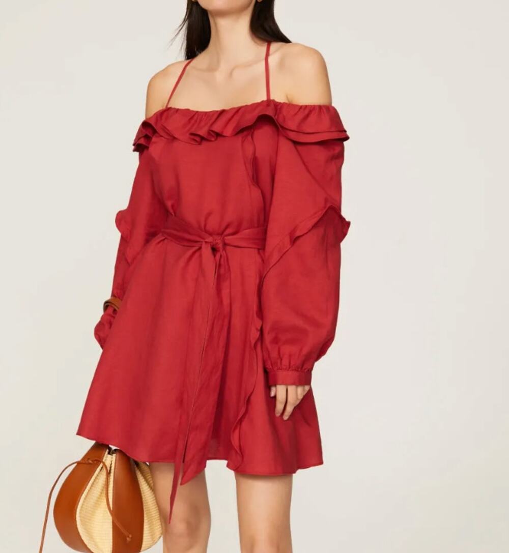 Marissa Webb Collective Red Ruffle Off The Shoulder Belted Linen Mini Dress- S